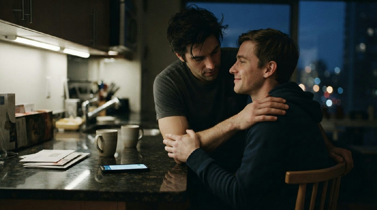 Two men's bodies intertwined with flushed skin in a passionate embrace, showing the intimacy of a gay cam chat.