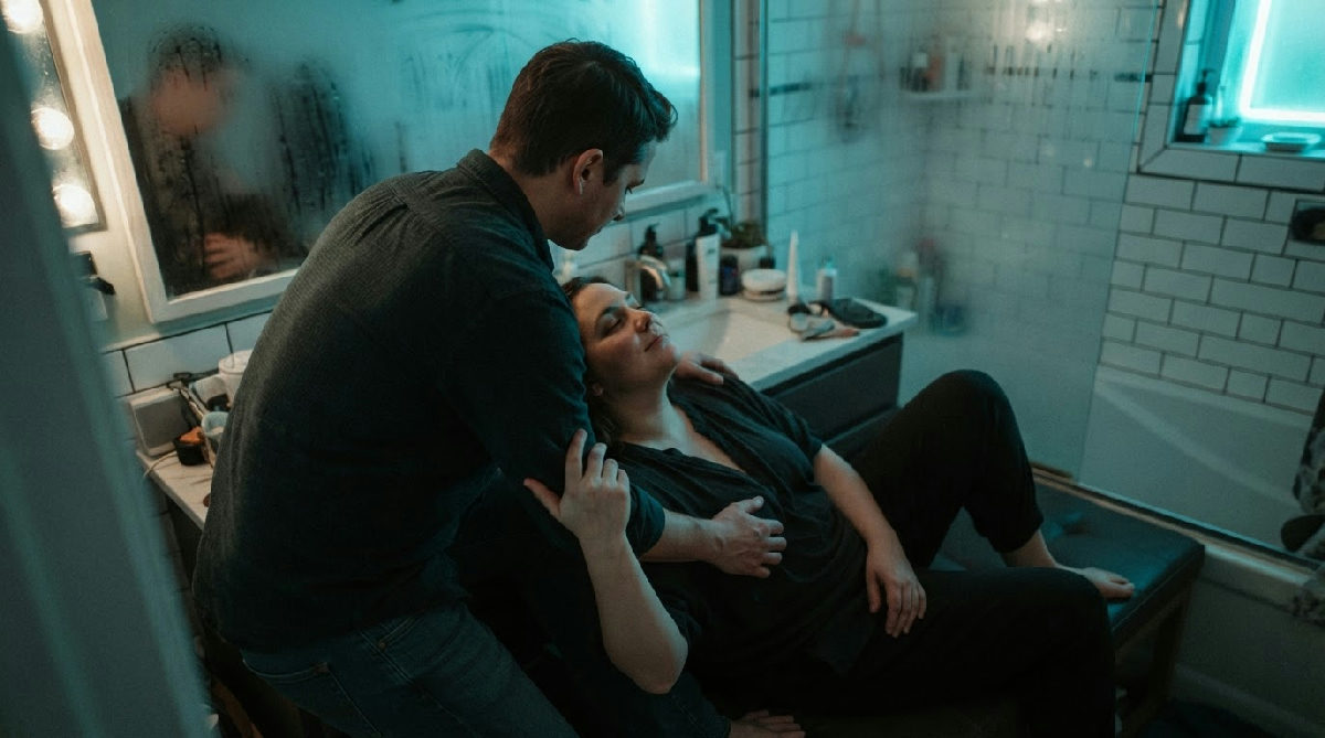 A close-up of two people in an intimate, sensual pose, hinting at a submissive cam chat interaction.