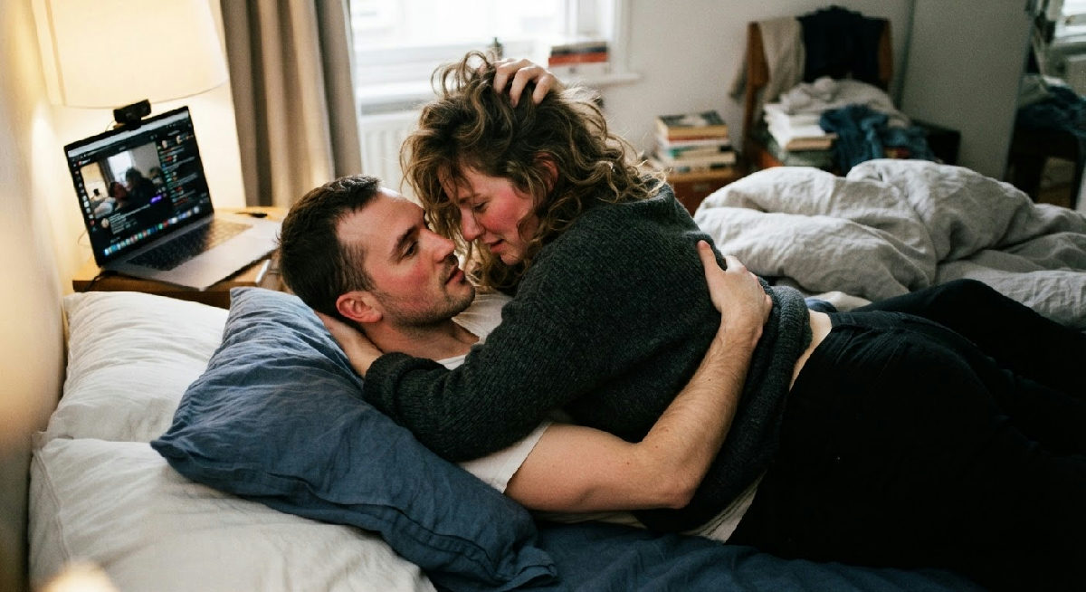 Dos personas, una masculina y una femenina, apasionadamente entrelazadas en una cama, piel sonrojada, capturando un momento de intensa excitación durante un chat bisexual por cámara.