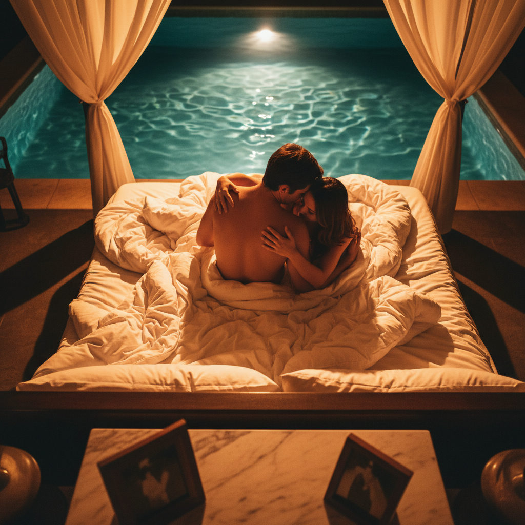 A couple embraces intimately in bed, sheets tangled, suggesting a tender reunion sex story. A blurred old photo sits on a nightstand in the foreground, hinting at their shared past.