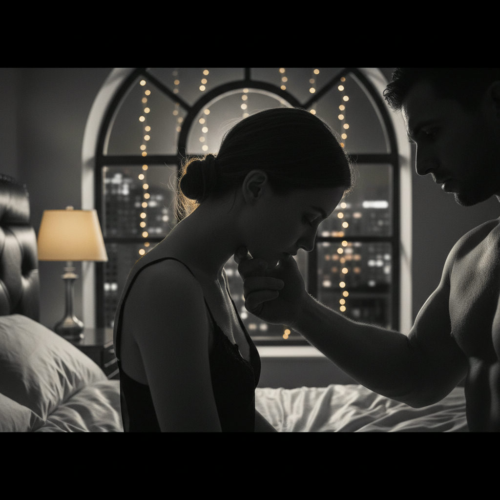 A man's hand gently lifts a woman's chin as she bows her head, conveying a powerful dom sub sex story dynamic in warm, intimate lighting.